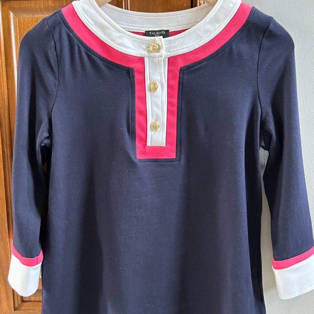 Adorable Talbots Petite S long sleeve Navy top with Pink and white border